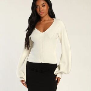 Keep the Cozy Coming Ivory V-Neck Balloon Sleeve Sweater Top
